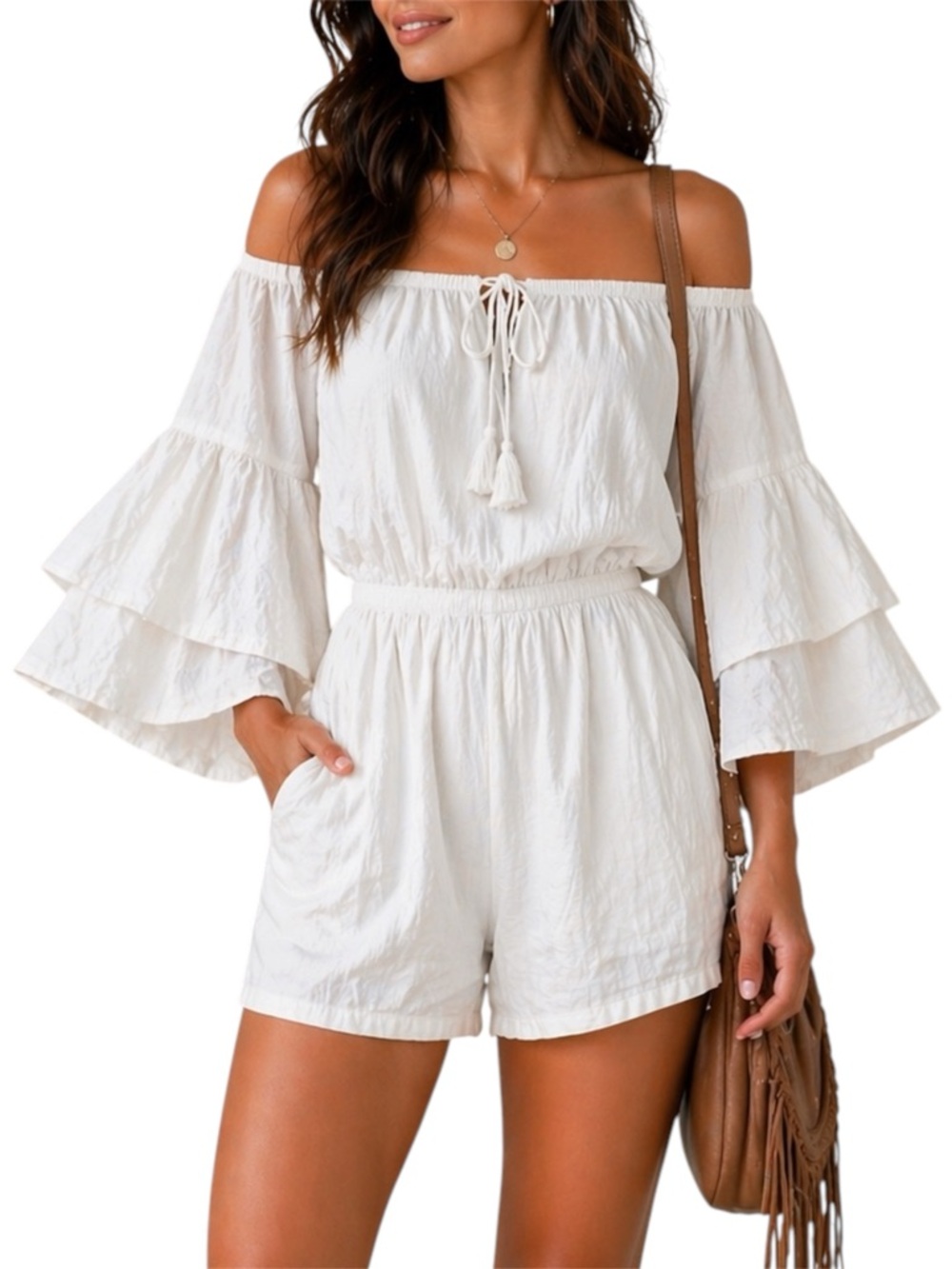 SEASPICE Resort Wear Off Shoulder White Romper Large